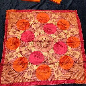 HERMES Jeu Des Omnibus Remix 90 CM Pink Orange Scarf - Excellent In Box